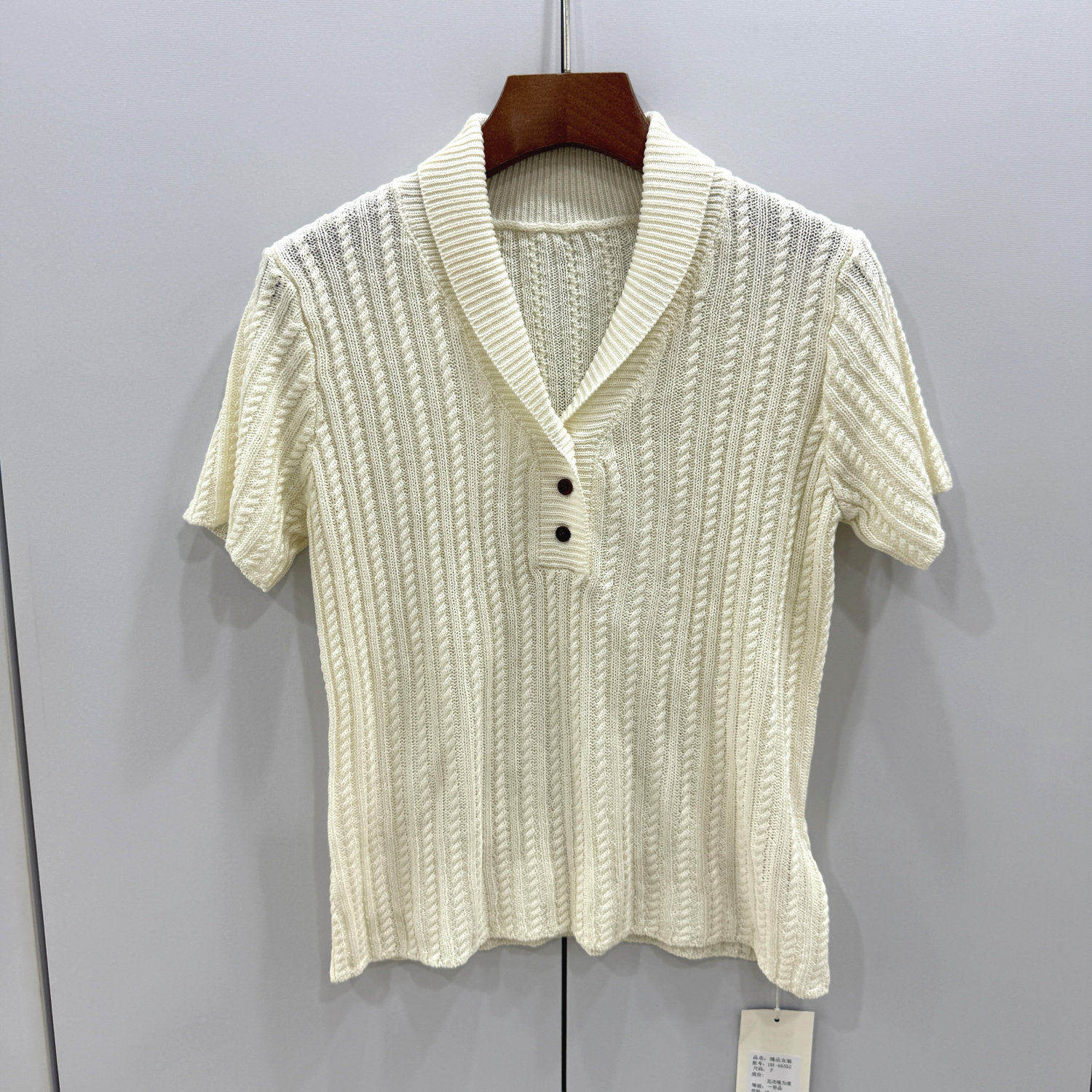 188-66592欧洲站时尚翻领麻花三粒扣亚麻短袖针织衫显瘦百搭上衣