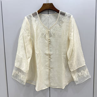 JD792欧洲站26春单排珍珠盘扣设计感高端桑蚕丝提花显瘦国风衬衫