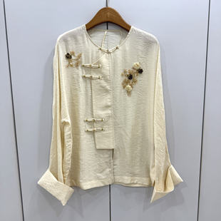 HY789欧洲站2026春圆领盘扣国风钉珠刺绣宽松显瘦人丝衬衫 上衣女