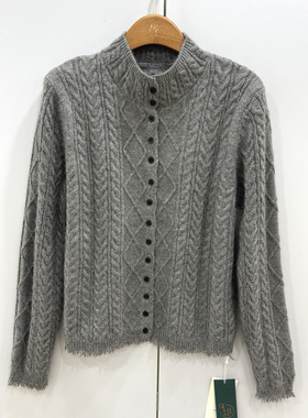 95038欧洲站2025冬新款立领单排扣麻花纯色羊毛兔毛混纺针织开衫