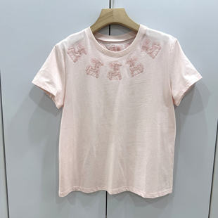 KS822欧洲站2026春时尚 T恤女 圆领重工钉珠小马刺绣百搭显瘦棉短袖