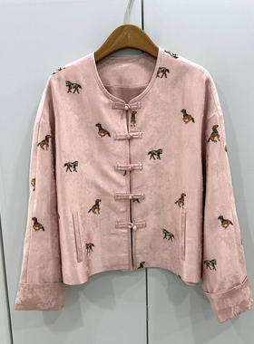 26676欧洲站26早春单排盘扣圆领小马刺绣花新国风人丝亚麻短外套