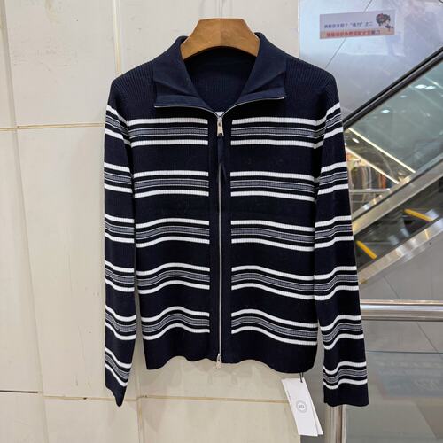178-6063 双拉链翻领休闲撞色条纹羊毛针织衫毛衣开衫欧货秋装女