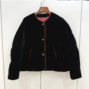 7605 桑蚕丝鹅绒羽绒服 欧洲站2025冬彩钻三粒扣拼色边圆领短装