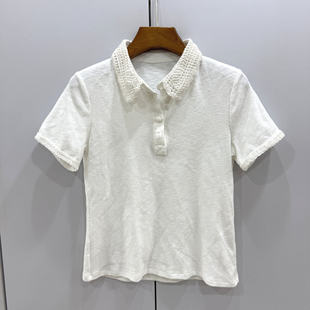 针织钩花翻领修身 显瘦简约百搭短袖 T恤女 872欧洲站2026春夏时尚