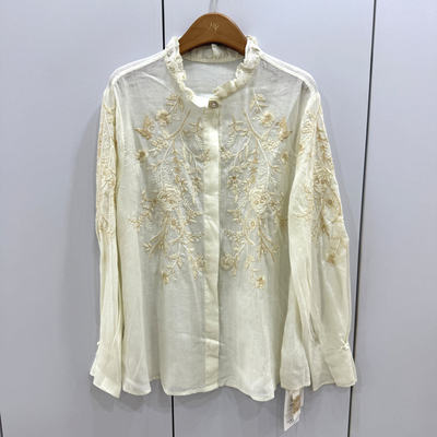 韵芭莎8112欧洲站26春时尚木耳边立领单排扣重工刺绣宽松麻料衬衫