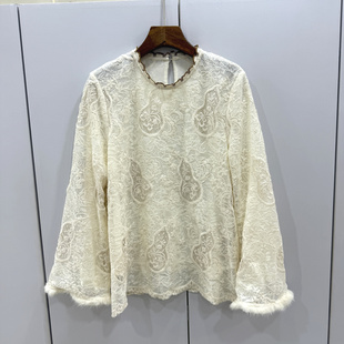 9008欧洲站2026春水貂毛袖 口复古镂空葫芦刺绣花减龄百搭蕾丝衬衣