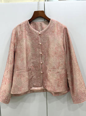 72265欧洲站2026春圆领重工钉珠单排盘扣轻奢人丝提花国风短外套