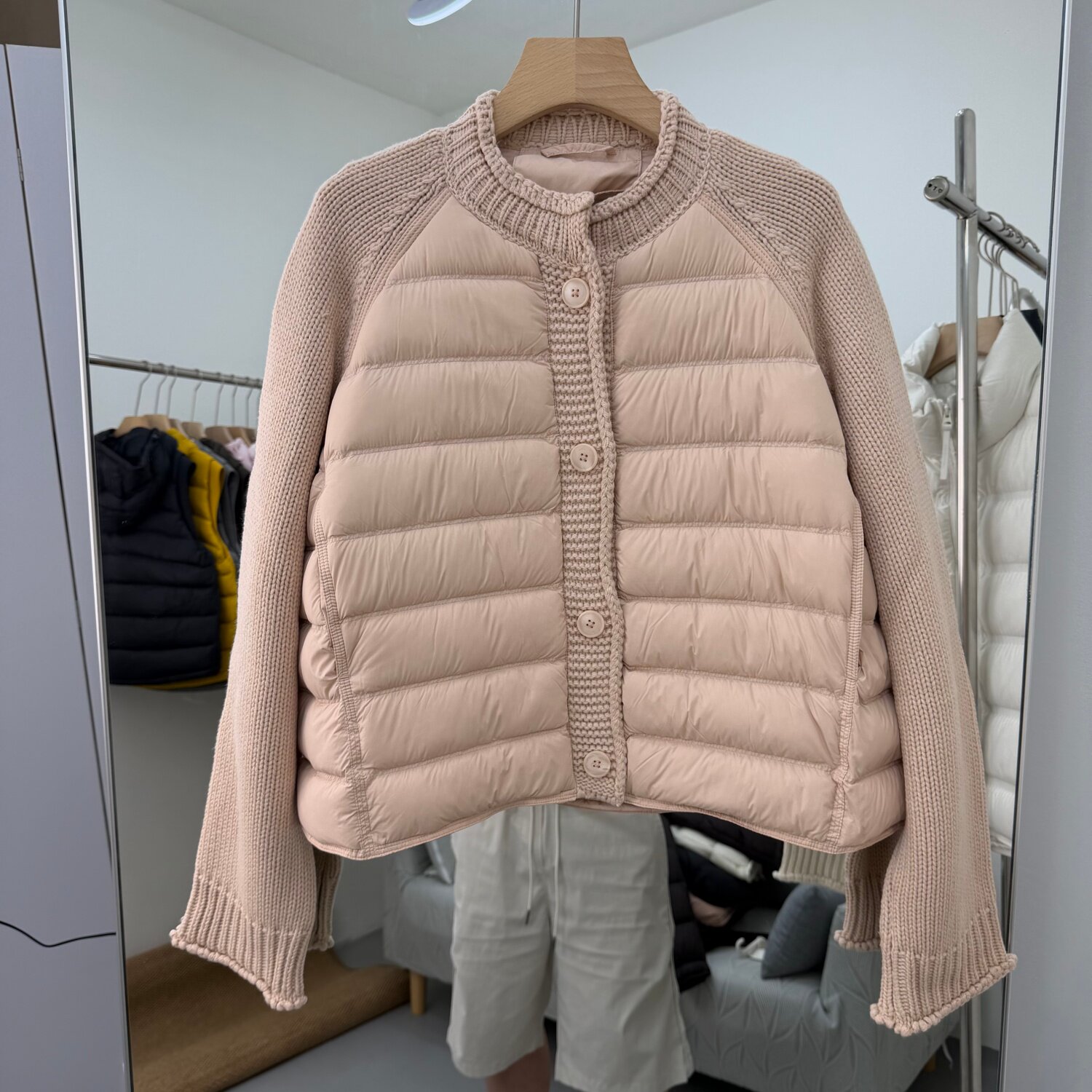 6920欧货拼接针织粗毛线长袖轻薄羽绒服女短款90白鸭绒保暖外套冬