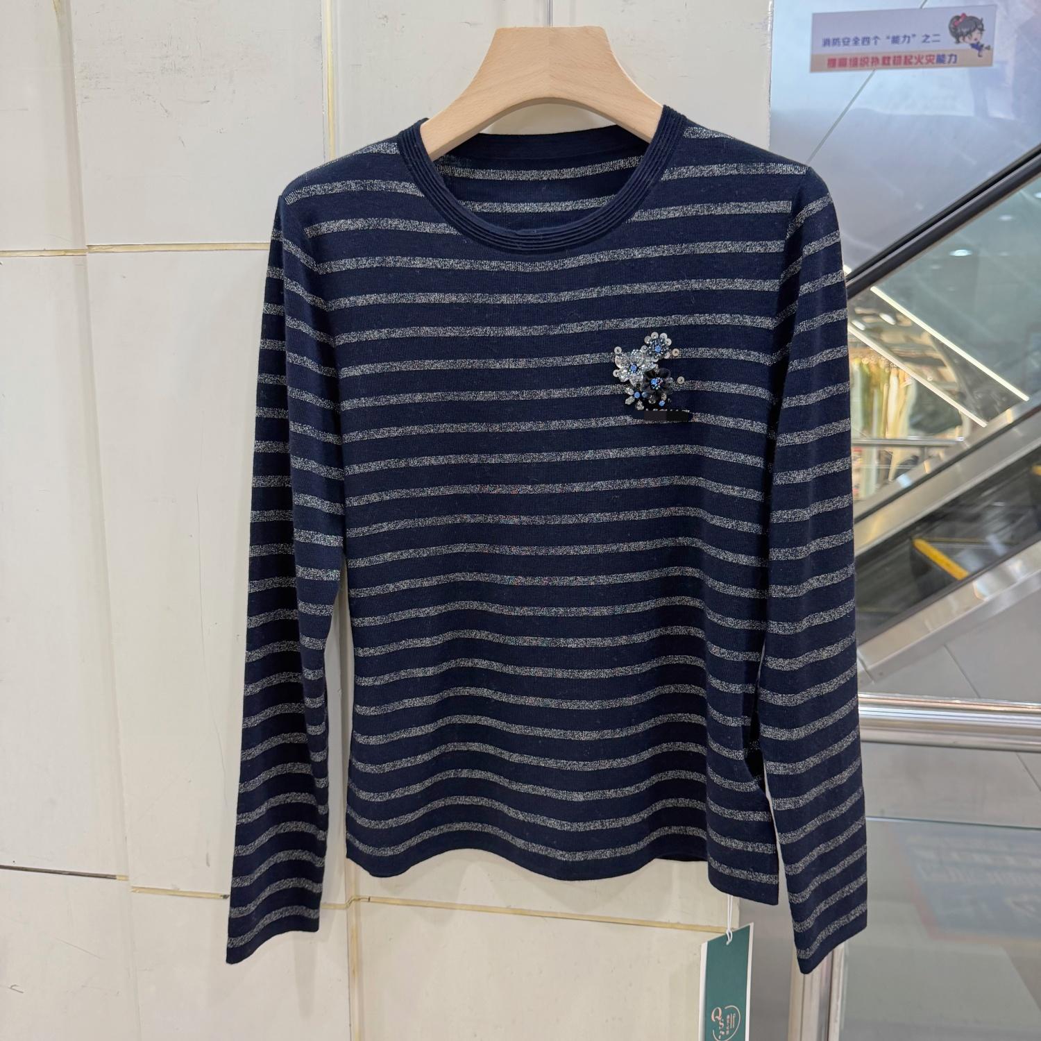 286-26025 学院风条纹圆领重工钉珠花朵长袖羊毛针织衫毛衣上衣秋