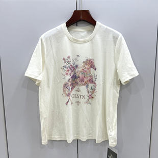 克丽丝汀娜26026春夏时尚 T恤 圆领宽松显瘦重工镶钻钉珠小马图短袖