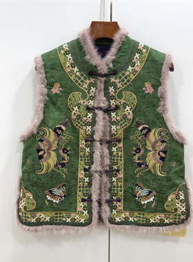 瓦琳汀娜72307欧洲站25冬盘扣立领水貂毛边人丝刺绣夹棉国风马甲