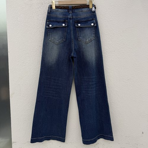 秋JEANS佑度 倩小妞21107牛仔裤女高腰弹力阔腿裤直筒裤豹纹长裤