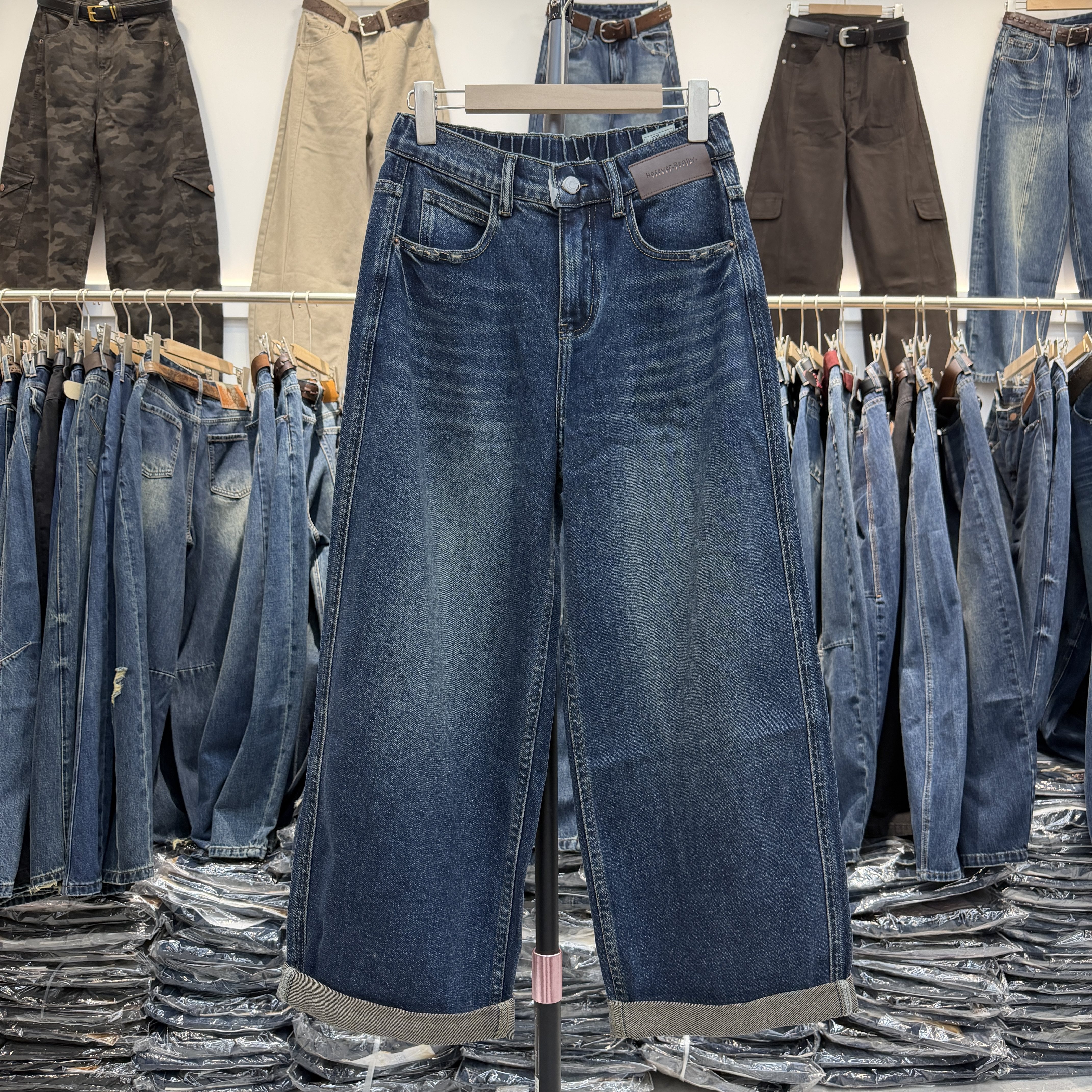 JEANS秋款阿凡牛5846欧货蓝色松紧腰九分男友裤高腰宽松女牛仔裤