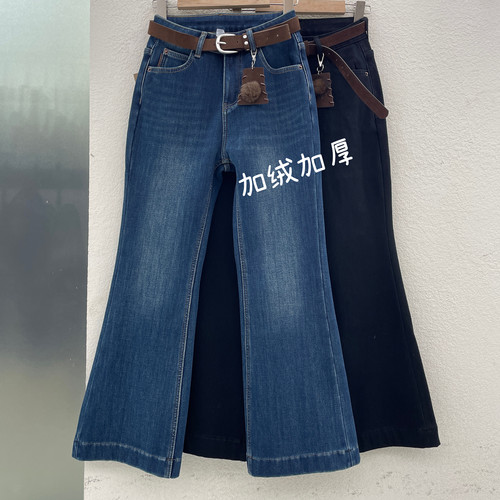 JEANS爆犀牛25816加绒加厚弹力牛仔裤黑色小个子保暖微喇裤冬款