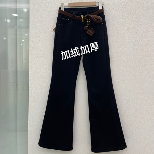 JEANS爆犀牛25819加绒加厚纯黑弹力牛仔裤女百搭微喇长裤冬新款