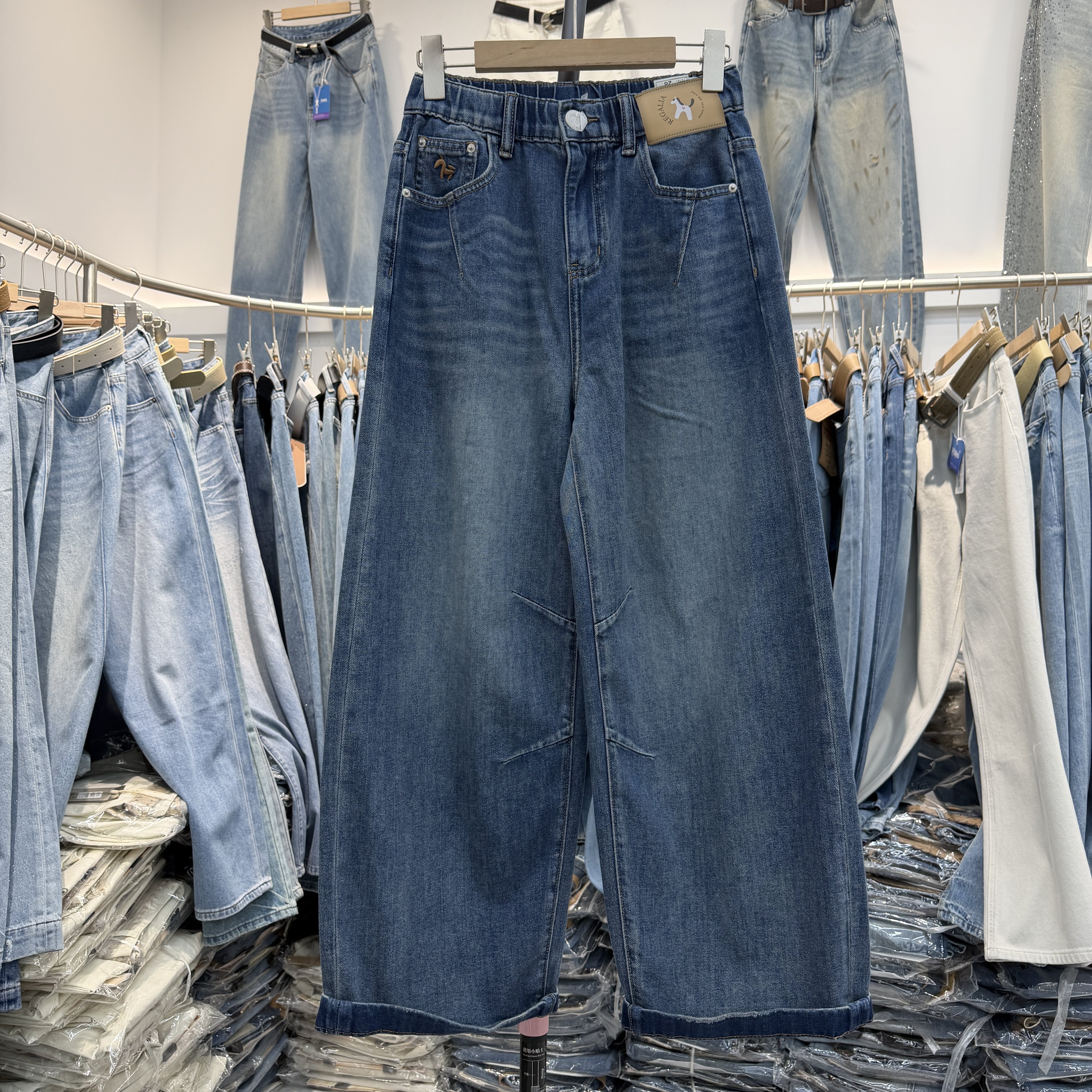 JEANS阿凡牛5640松紧腰夏款九分直筒裤宽松显瘦小个子男友牛仔裤