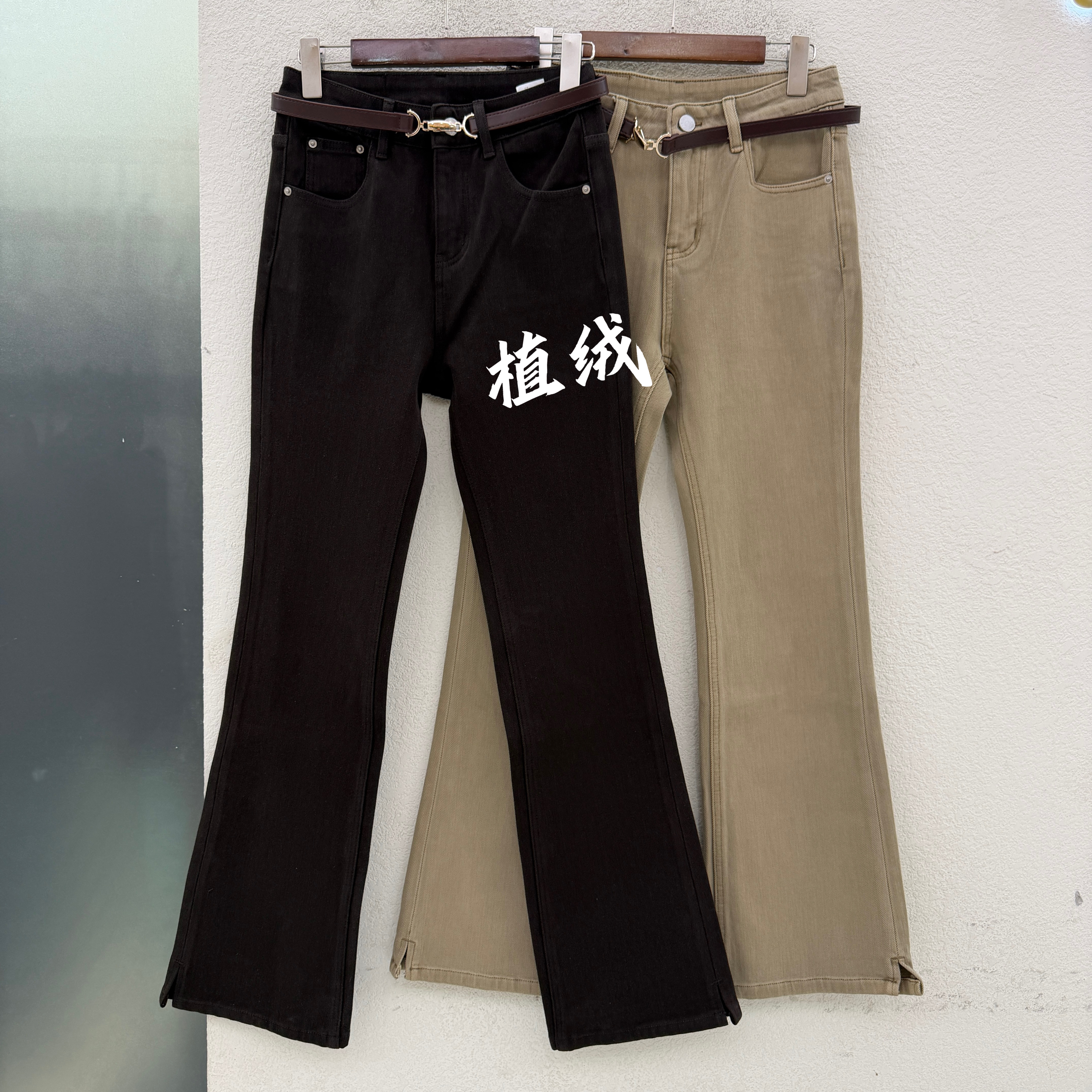 JEANS20261加绒修身微喇裤巨显腿直高腰系卡其牛仔喇叭裤女冬款R