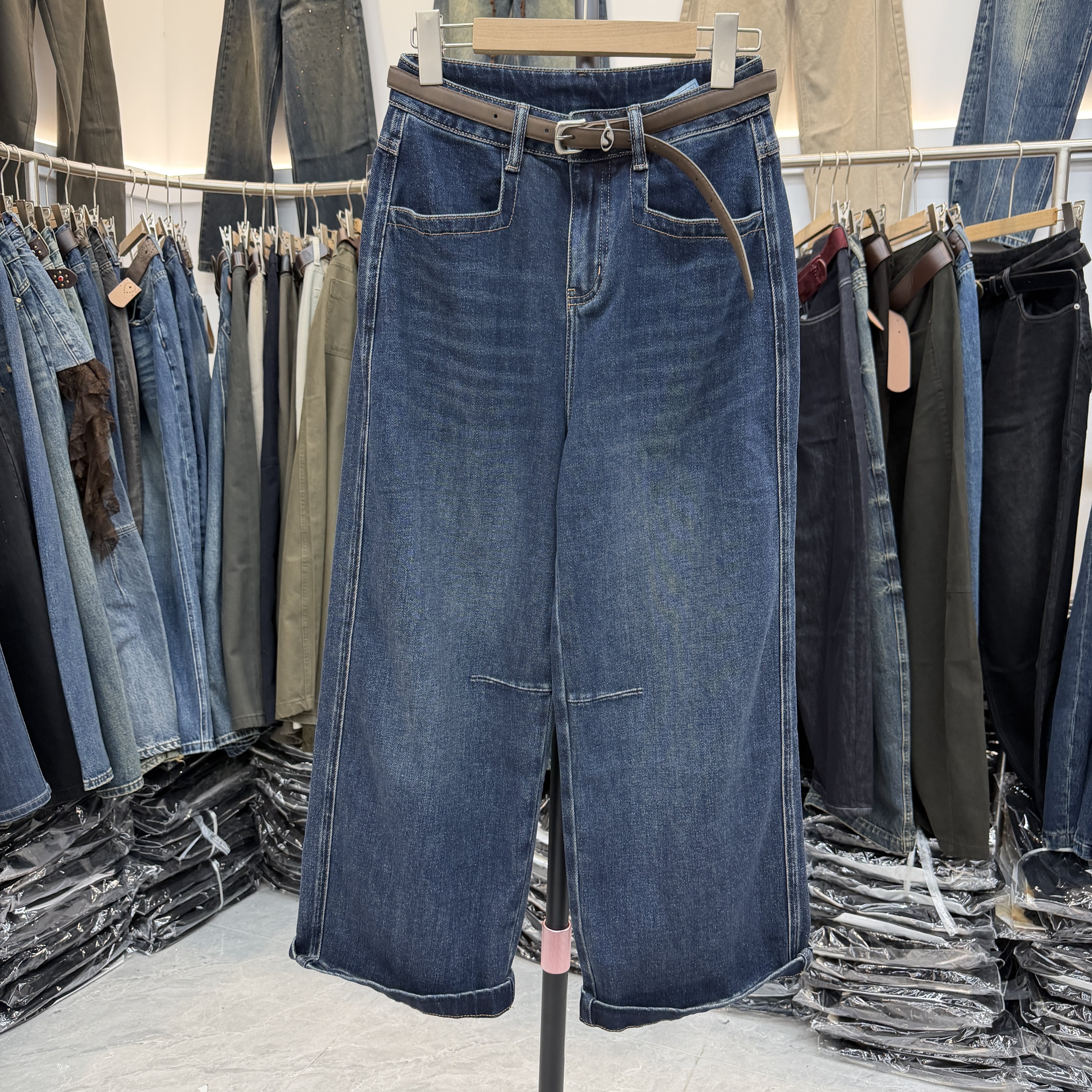 JEANS秋新款阿凡牛5878欧货蓝色弹力直筒弯刀裤高腰宽松女牛仔裤