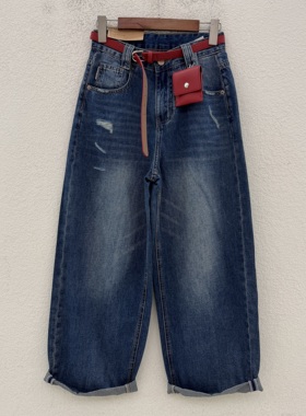 夏款欧货HYFS JEANS红提子66205牛仔裤女破洞裤镰刀裤九分男友裤