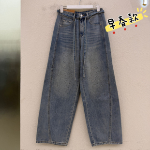 JEANS红提子66015重工烫钻阔腿牛仔裤女宽松拖地裤弯刀长裤2026春