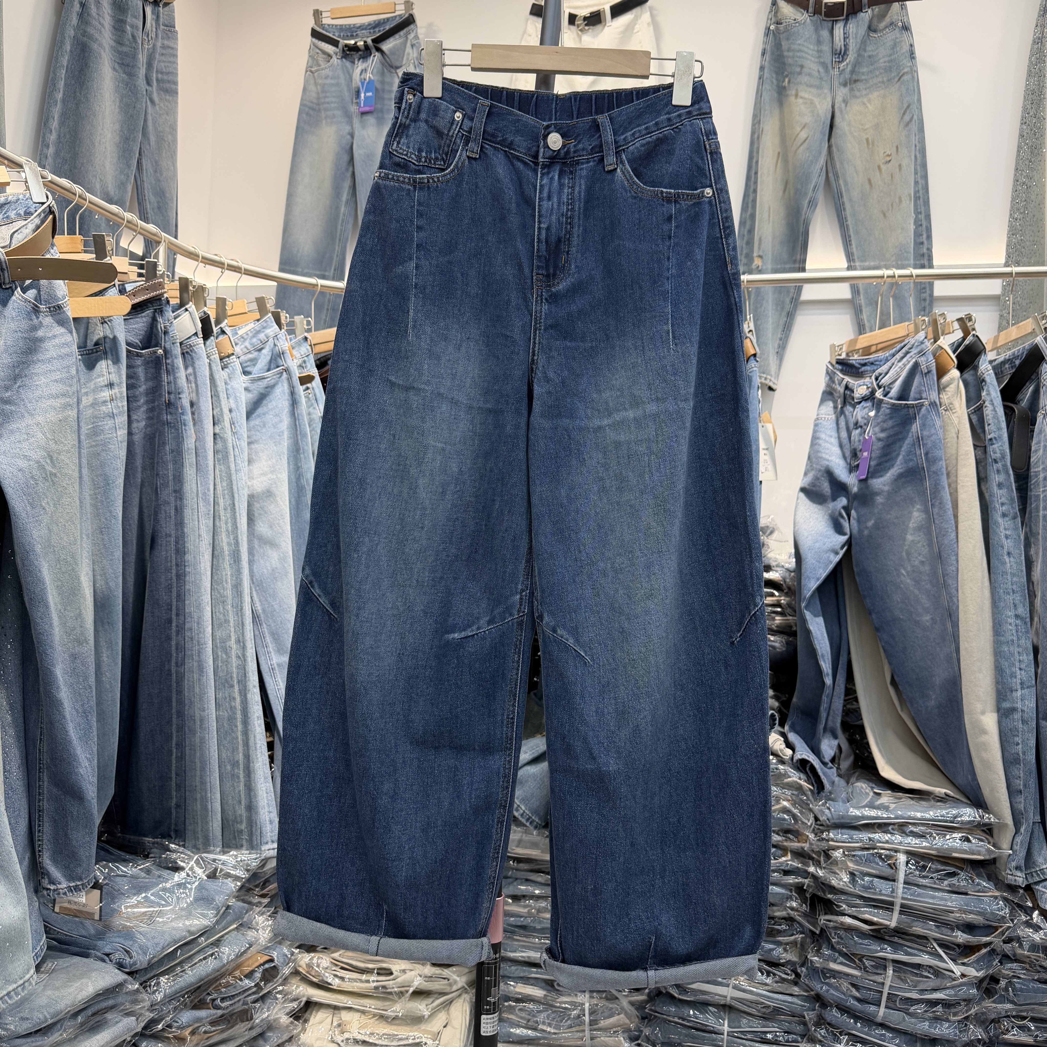 YAK JEANS阿里莎莎87681松紧腰夏九分直筒裤宽松小个子男友牛仔裤