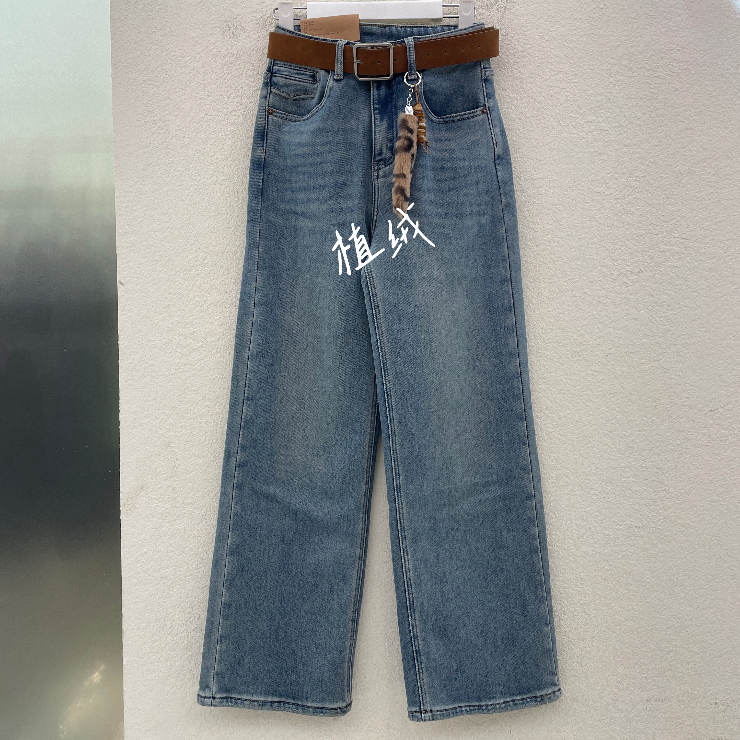 JEANS红提子16281欧货冬款薄绒磨白弹力窄版阔腿裤直筒显瘦牛仔裤