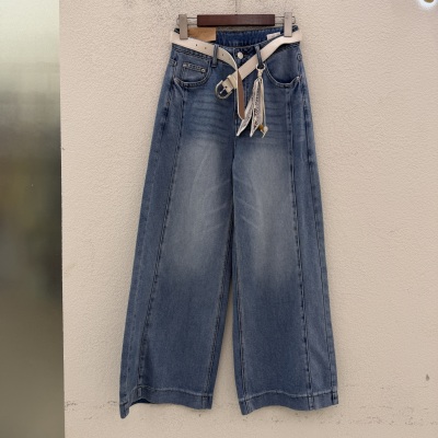 Jeans红提子66115 春款韩版高腰显瘦百搭丝巾十分裤女牛仔阔腿裤