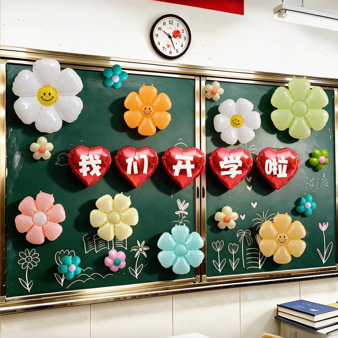 新学期教室黑板布置花朵气球中小学幼儿园开学仪式感场景装饰背景