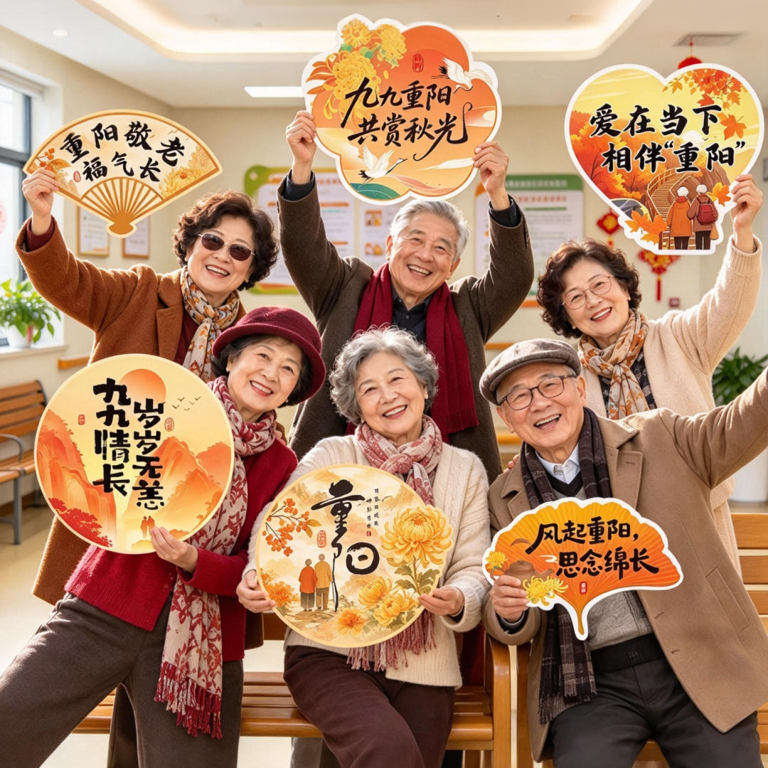 九九重阳节场景布置手举牌社区养敬老院户外登高拍照打卡装饰道具