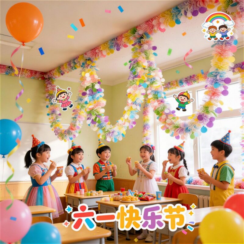 六一儿童节幼儿园教室氛围布置门帘挂饰彩色毛条拉花吊挂卡片装饰