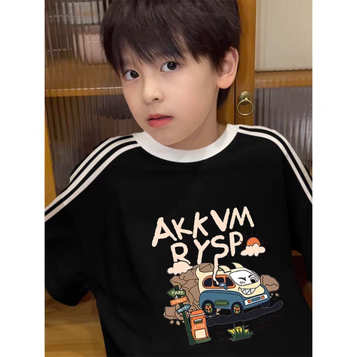 男童t恤短袖2025年夏季新款三条杠纯棉印花体恤儿童帅气夏装上衣