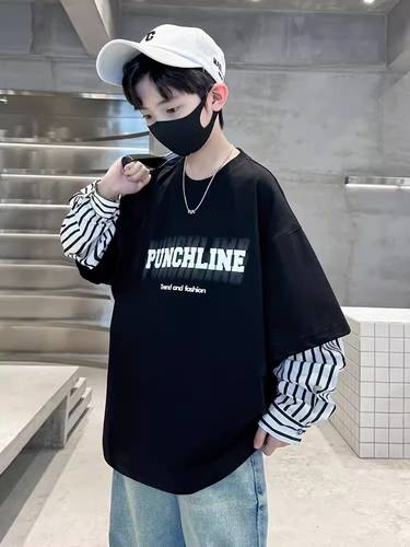 男童假两件t恤2024新款纯棉春秋款上衣儿童炸街秋装中大童秋季潮T