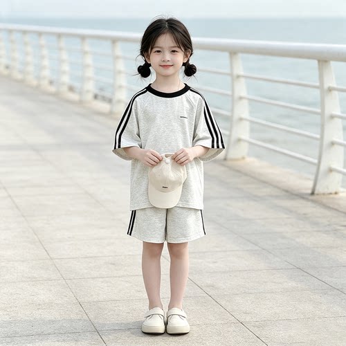 儿童运动短袖纯棉套装夏季女童韩版薄款短裤时髦T恤夏装两件套潮
