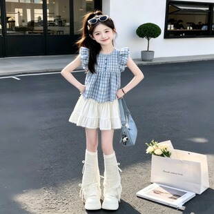 夏季女童洋气飞飞袖格子上衣套装中大童时髦甜美短裙夏装两件套女