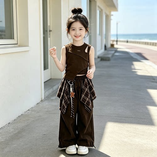 女童复古无袖套装夏季新款中大童潮流屁帘阔腿裤露肩上衣两件套潮