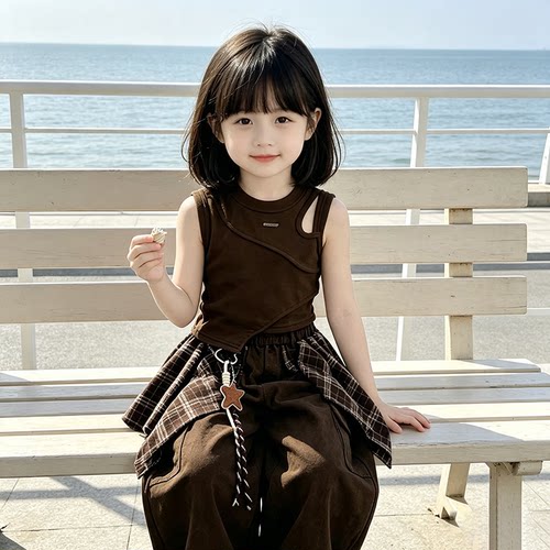 女童韩版夏季套装2026新款洋气无袖露肩背心格子花边裤裤两件套潮