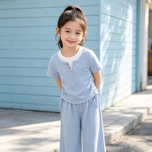 2026新款女童短袖套装夏季薄款洋气假两件T恤休闲裤韩版两件套潮