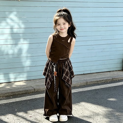 夏季女童套装2026新款中大童韩版复古风咖色阔腿裤两件套夏装潮款