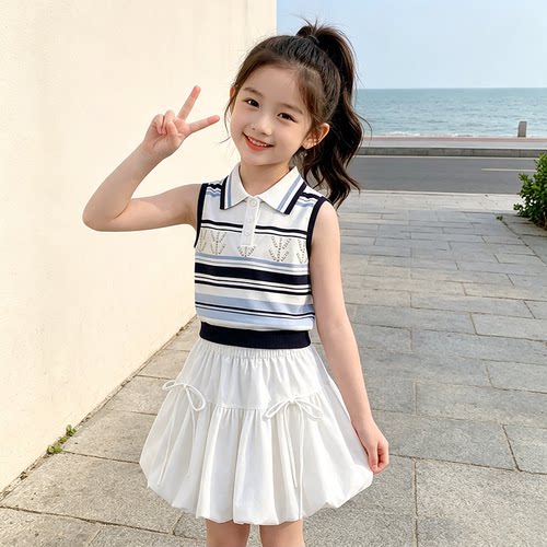 新款中大童洋气Polo领无袖花苞裙套装夏季女孩时髦针织上衣短裙潮