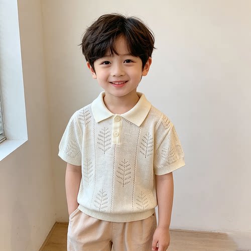 男童时尚潮流针织Polo短袖夏季新款小中童帅气百搭镂空半袖打底衫