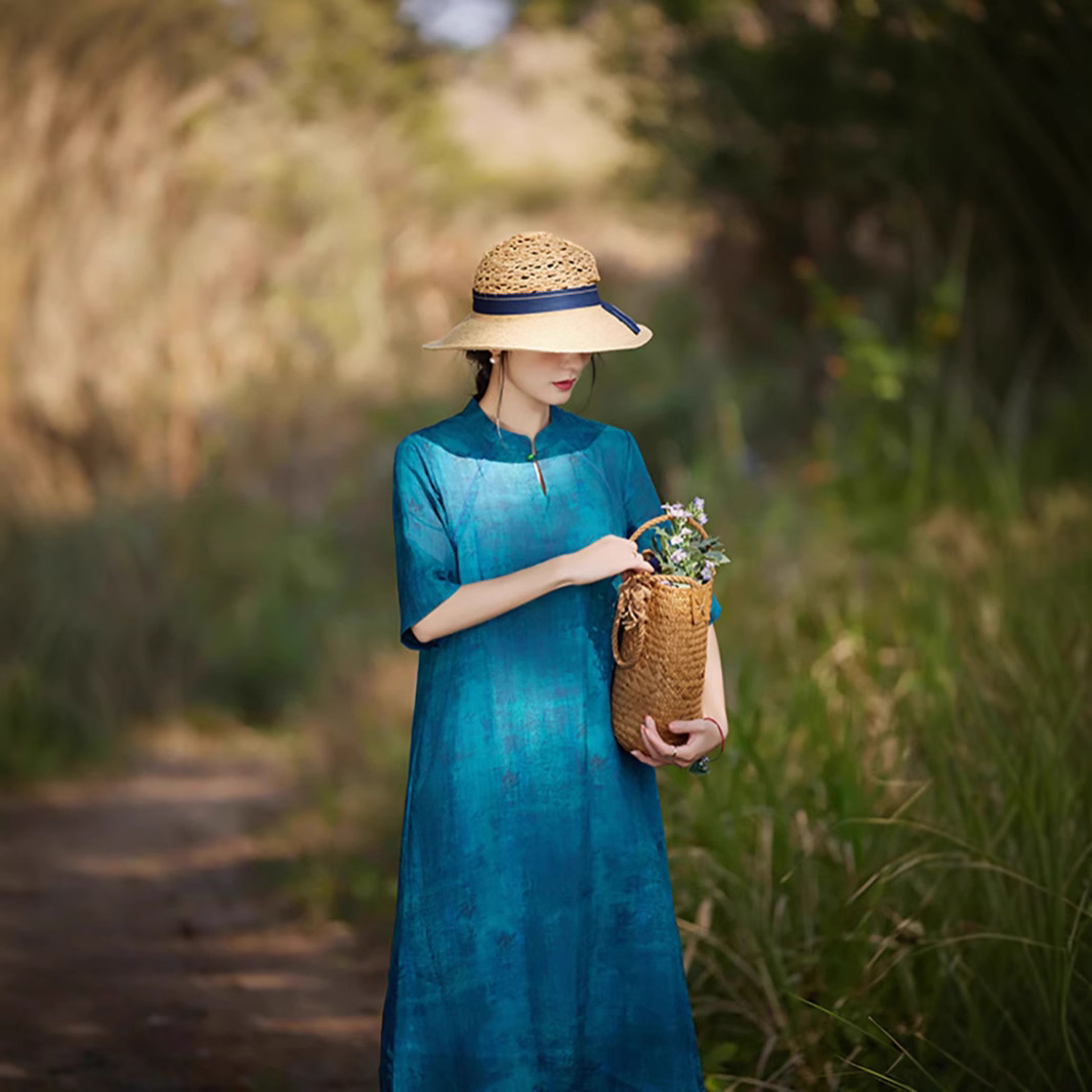 新中式改良旗袍苎麻连衣裙2025新女装大码春夏显瘦棉麻碎花裙盘扣