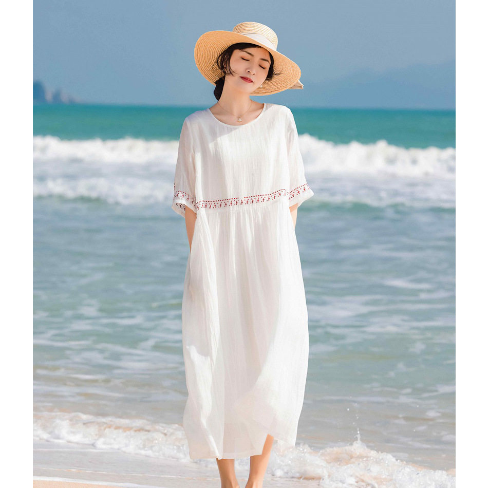 红色苎麻连衣裙青海湖旅游衣服沙漠拍照夏季海边度假仙女沙滩裙子