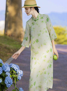 高端苎麻碎花连衣裙春季女装2024新款气质文艺棉麻旗袍裙子改良版