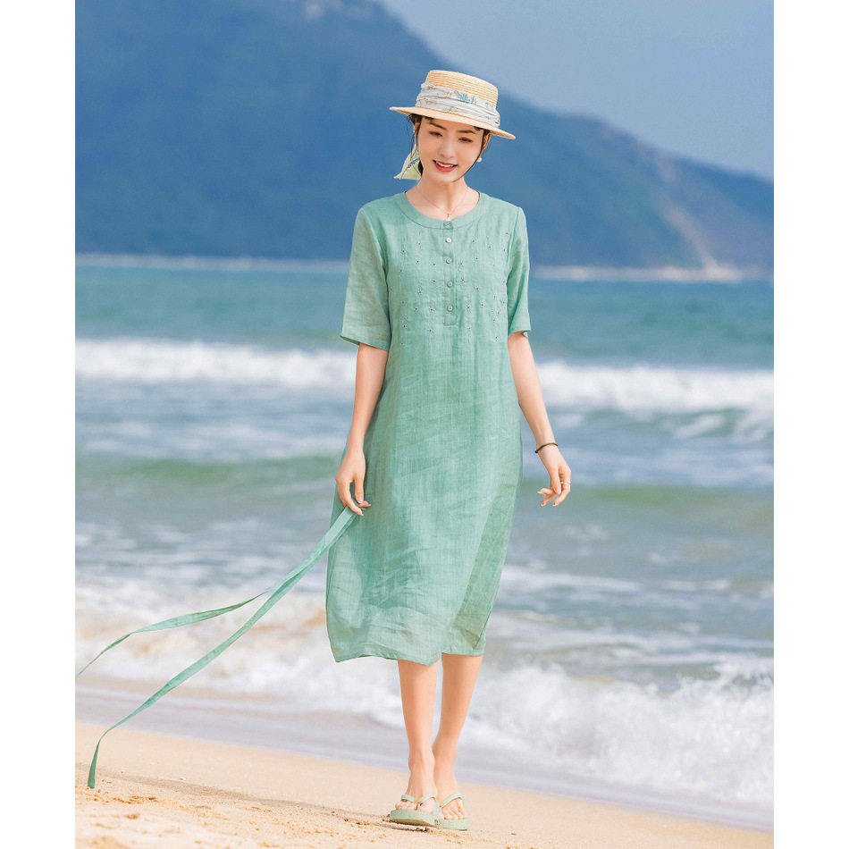 高端苎麻刺绣连衣裙女装气质妈妈复古棉麻收腰显瘦洋气减龄长裙子