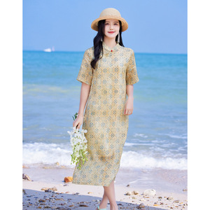 中国风文艺苎麻改良旗袍宽松茶服女装气质妈妈高端棉麻碎花连衣裙