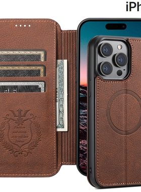 MagSafe磁吸插卡皮套适用苹果14手机壳14plus翻盖15新款iphone14/13/12promax高级感皮质17外壳16全包防摔Air