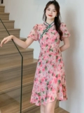 Летнее ретро ципао, розовая юбка, платье, китайский стиль, в цветочек, по фигуре, подходит для подростков