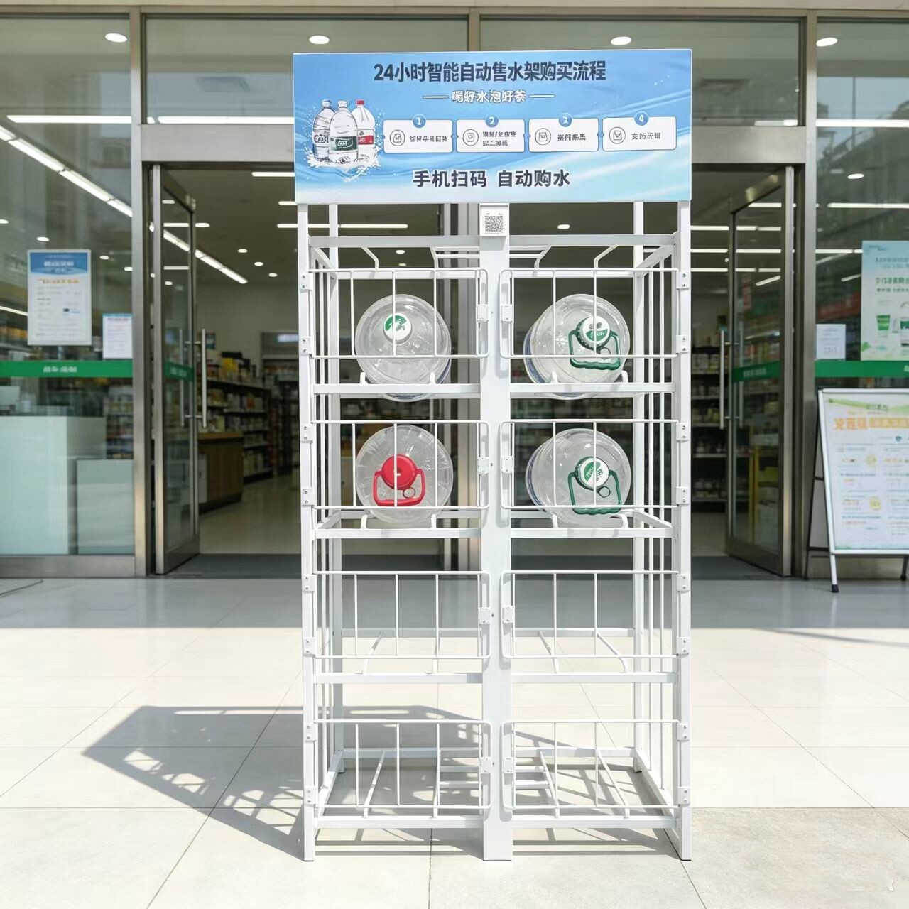 扫码自动售水5--20L纯净水桶收纳架 放置展示支架带广告板