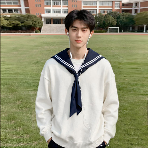 白色长袖水手服秋冬加厚卫衣外套